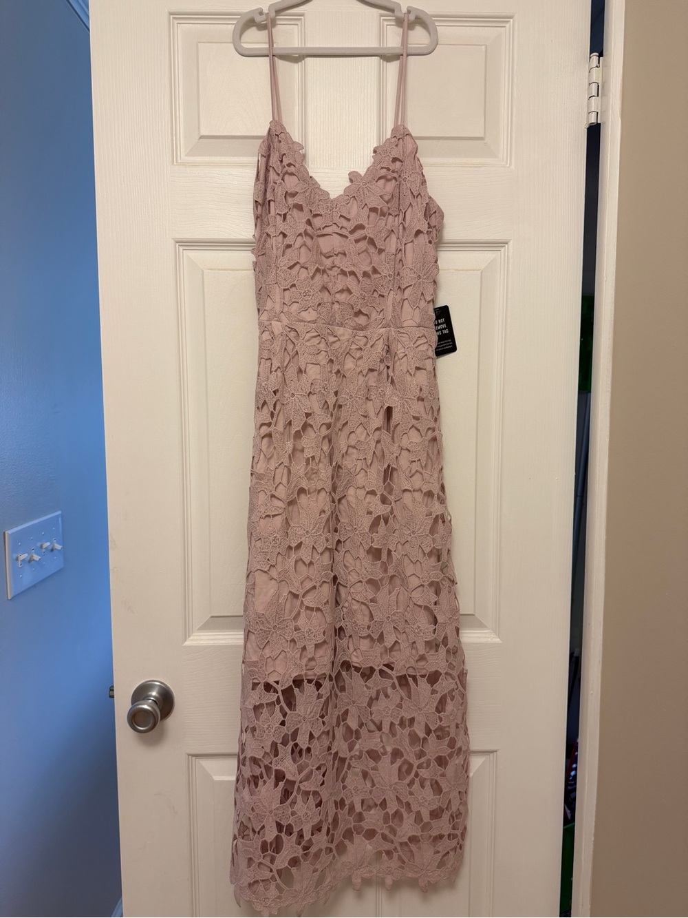 Express Dusty Rose Lace Midi Dress with Spaghetti Straps